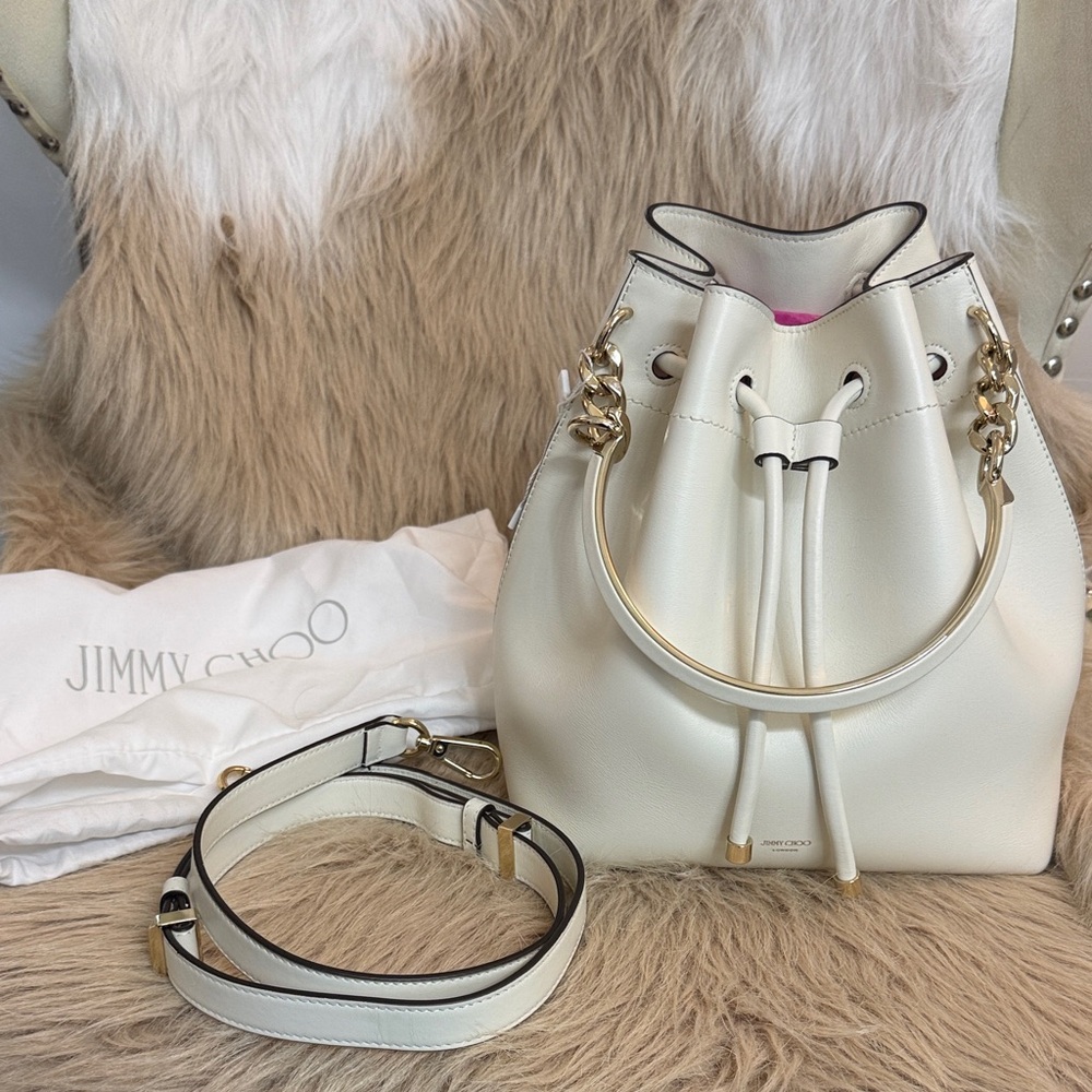 Jimmy Choo Cream Bucket Bag with Gold Accents